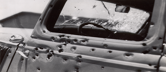 The Louisiana State Archives houses historical photographs such as this one of Bonnie and Clyde's bullet-riddled car. John Gasquet, photographer