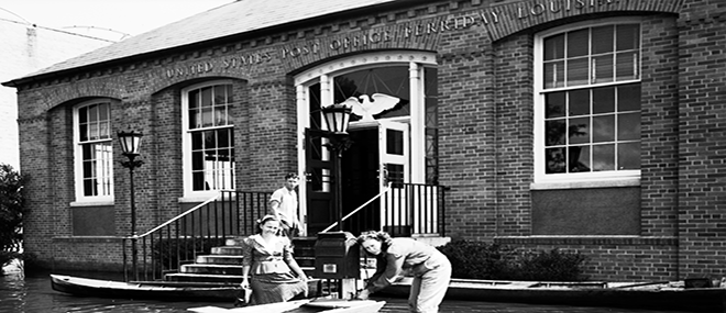 The former Ferriday Post Office, now the Delta Music Museum, is pictured here during the Flood of 1945. John Gasquet, photographer