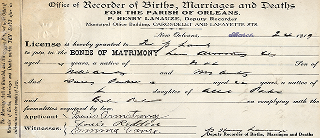 The Louisiana State Archives houses Orleans Parish Marriage Records more than 50 years old. This record belonged to jazz great Louis Armstrong.
